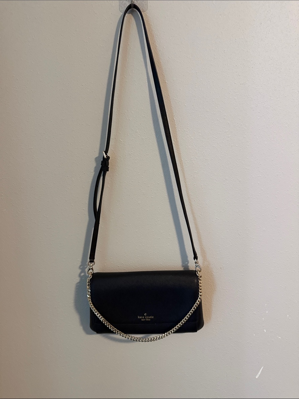 kate spade Black Leather Crossbody with Gold Chain Accent
